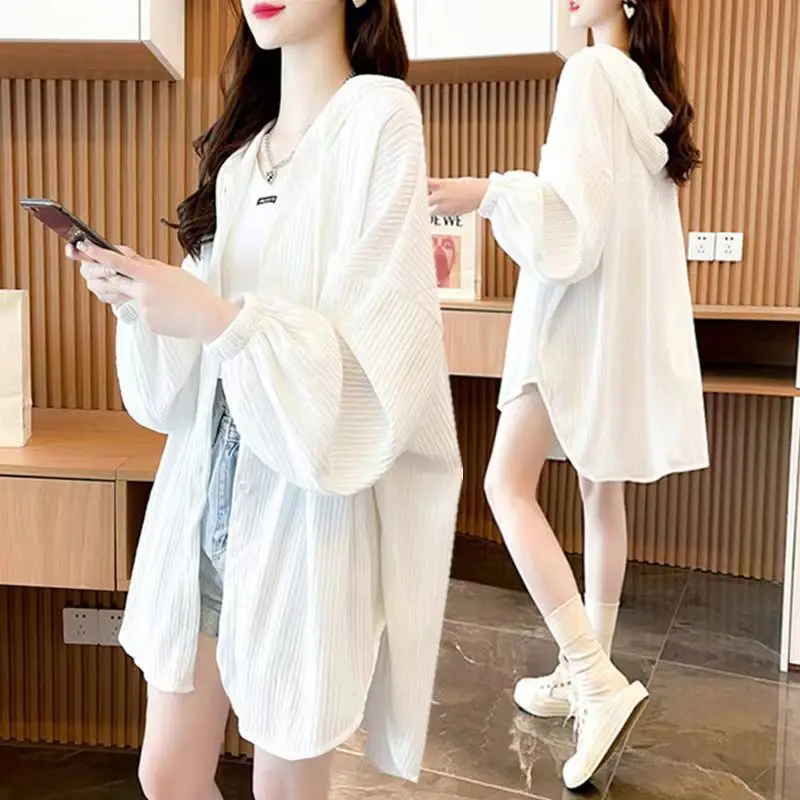 Women\'s Loose Fitting Sunscreen Hooded Shirt Monochromatic Korean Fashion Simplicity Casual Clothes All-match Summer Clothing