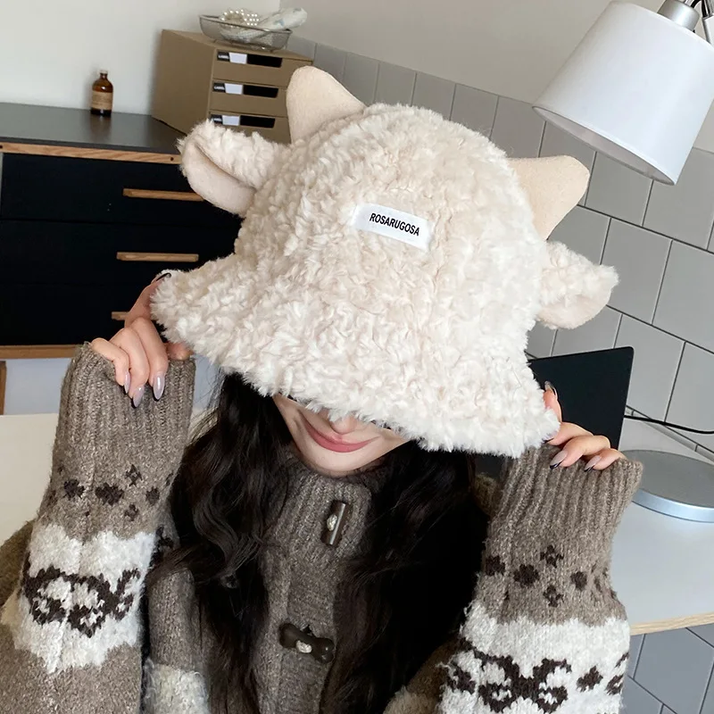 Women Bucket Hat Lamb Ear Plush Fisherman Cap Winter Warm Fluffy Kawaii Korean Style Lamb Wool Bucket Caps Gorras