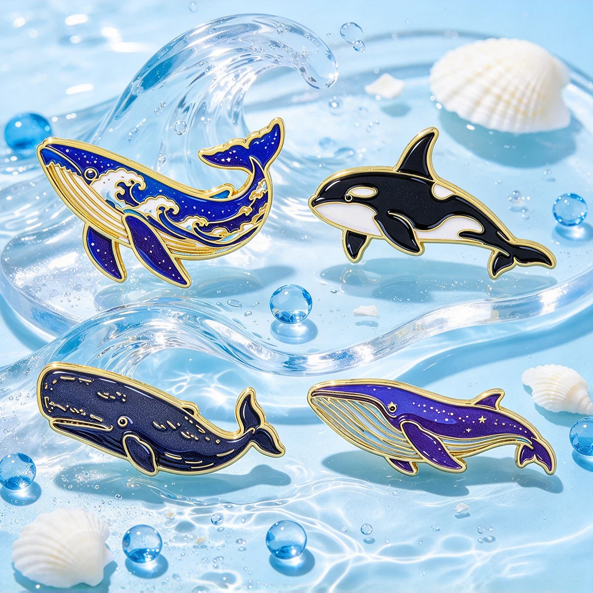 4pcs/Set Beautiful Ocean Whale Enamel Pin Cute Wave Blue Sea Animal Brooch Lapel For Backpack Hat Badges Jewelry Friends Gifts