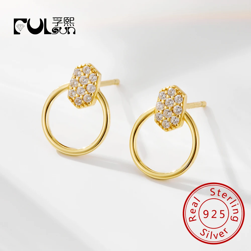 

Ювелирные изделия из настоящего стерлингового серебра 925 пробы, позолоченные 14 карат, современные круглые серьги-гвоздики для женщин, изящные ювелирные изделия