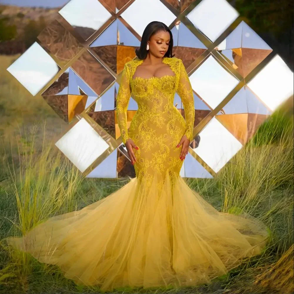 Sweetheart Long Sleeves Mermaid Evening Formal Party Dress Aso Ebi Lace Prom Dresses Plus Size Tulle Girls Birthday Gowns