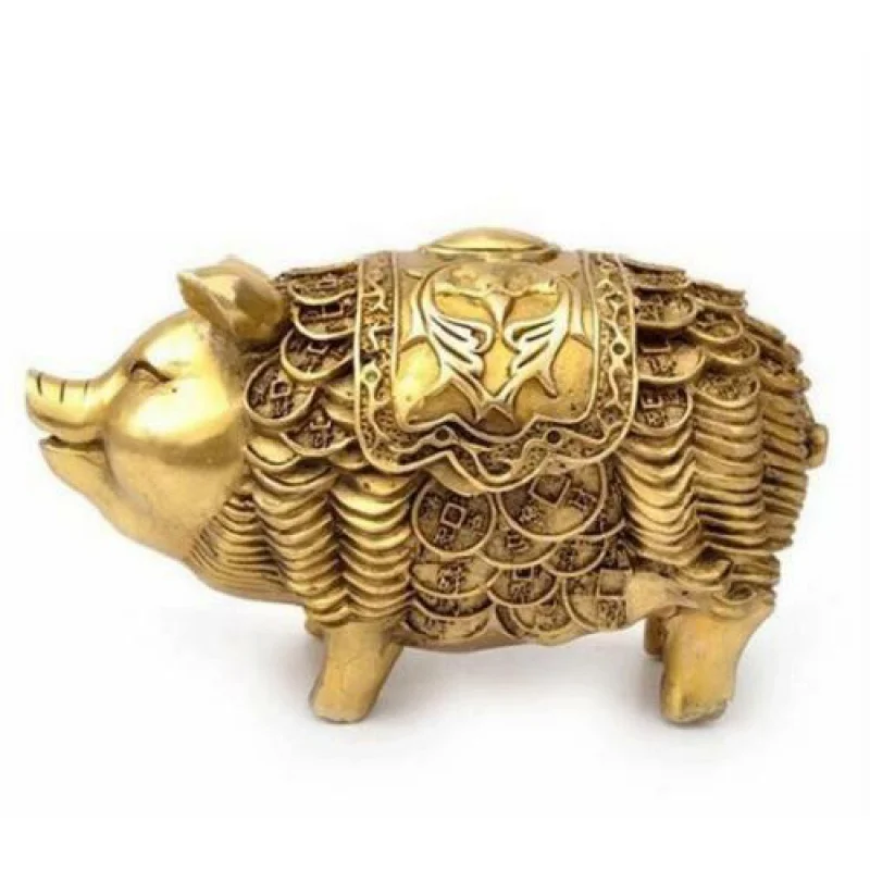 

Lucky fengshui brass wealth money coin zodiac Pig Swine Animal statue