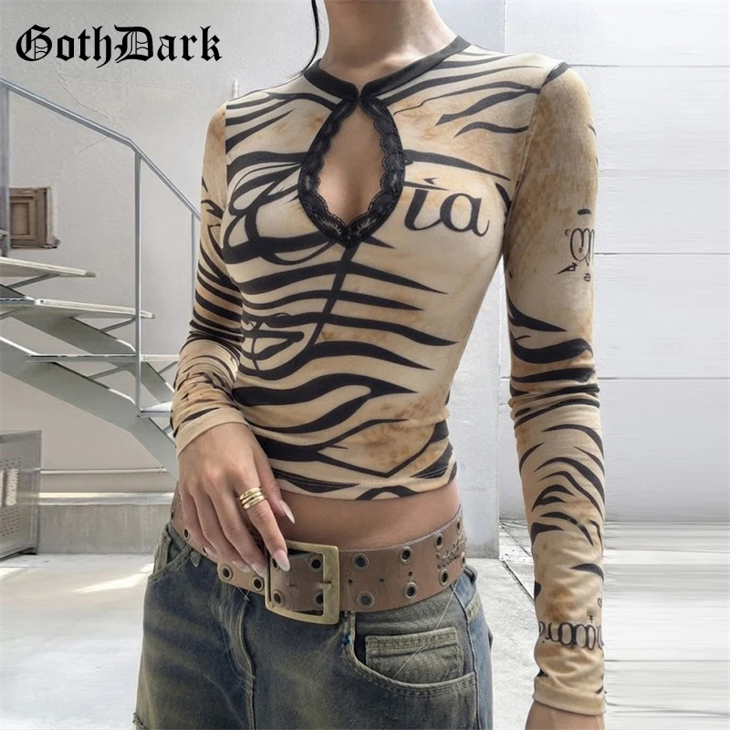 Goth Dark Fashion Y2K Aesthetics Printed Long Sleeve T-shirts E-girl Cutecore Slim Crop Tops Mall Gothic Hollow Out T-shirt Lace