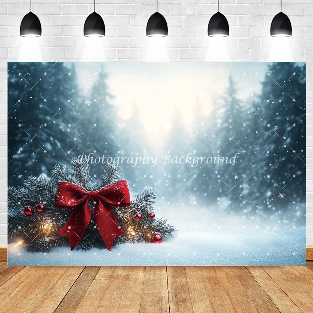 Winter Snow Forest Backdrop Snow Trail Trees Outdoor Scenery Red Bow Winter Kids Portrait Photography Background for Photostudio