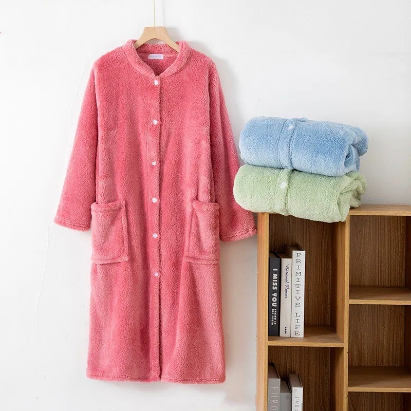 

Autumn Winter Women Warm Fleece Robe Ladies Soft Bathrobe Female Long Sleeve Dressing Gown Solid Robes Simple Home Clothes
