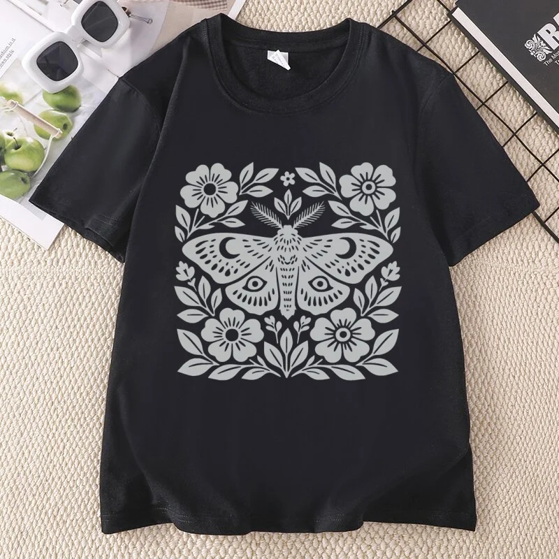 Boho Cottagecore T Shirts Moth Block Print Tshirts Casual Round Neck Printed T-shirt  Short Sleeve Tees Streetwear