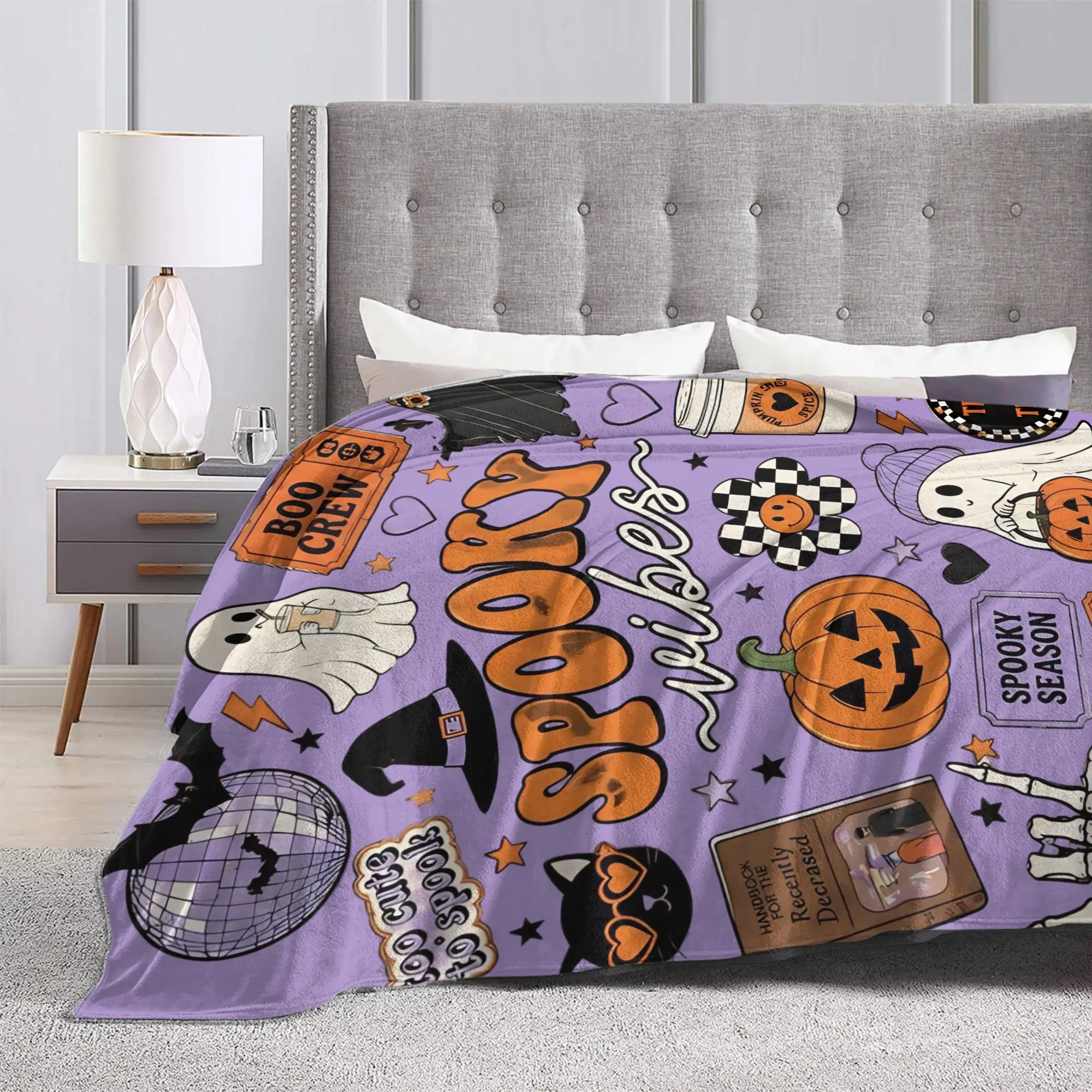 Spooky Vibes Halloween Ghost Pumpkin Fleece Throw Blankets  Blanket for Sofa Bedroom Warm Bedding Throws