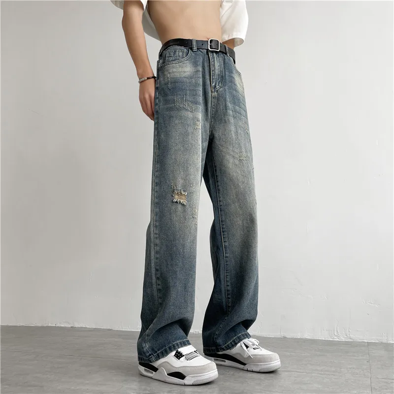 

Мужские джинсы свободного кроя с рваными элементами, прямые, в американском винтажном стиле, повседневные летние синие джинсовые брюки, модные брендовые широкие брюки