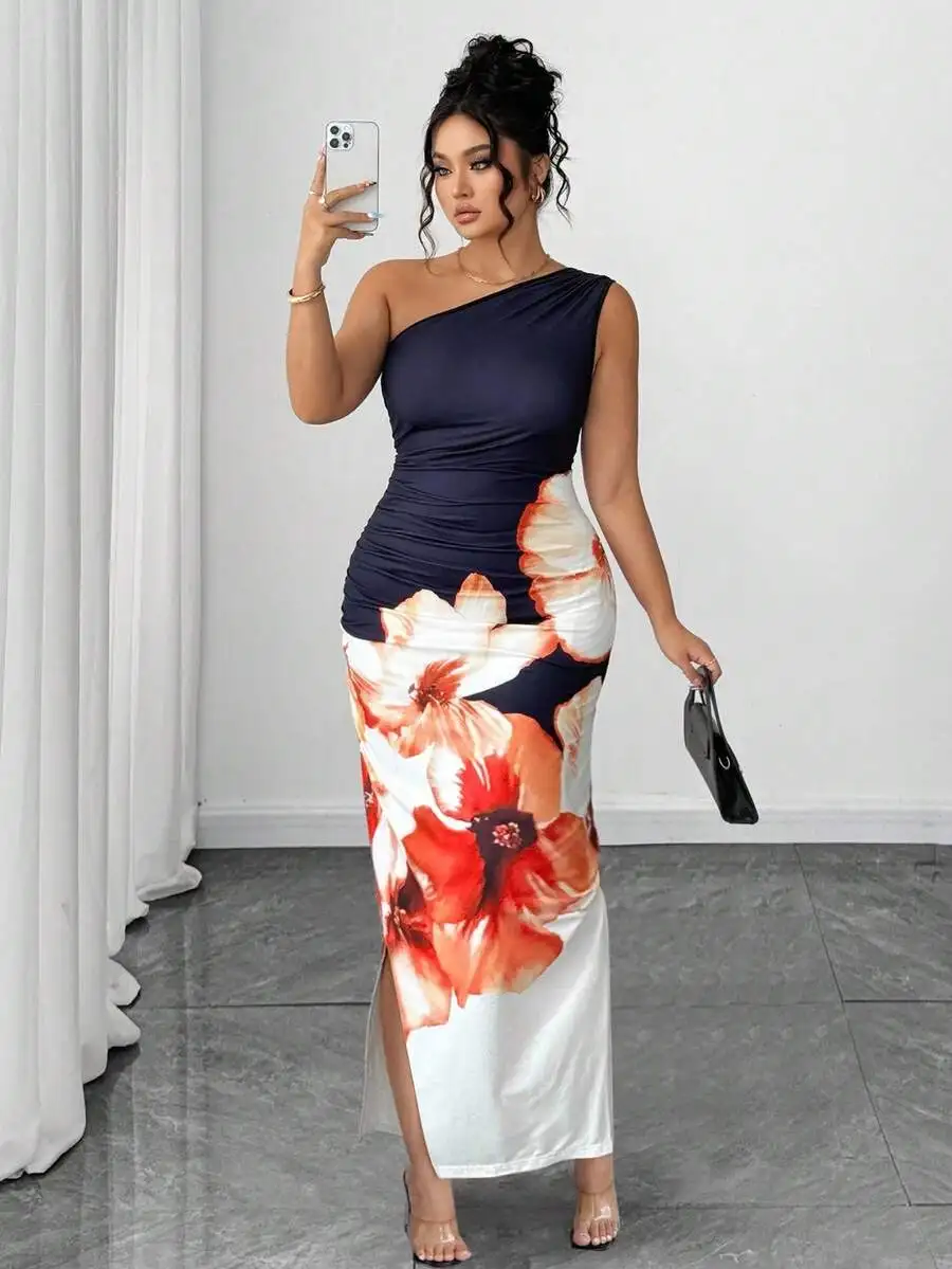 

One Shoulder Floral Print Bodycon Maxi Dress with Side Slit