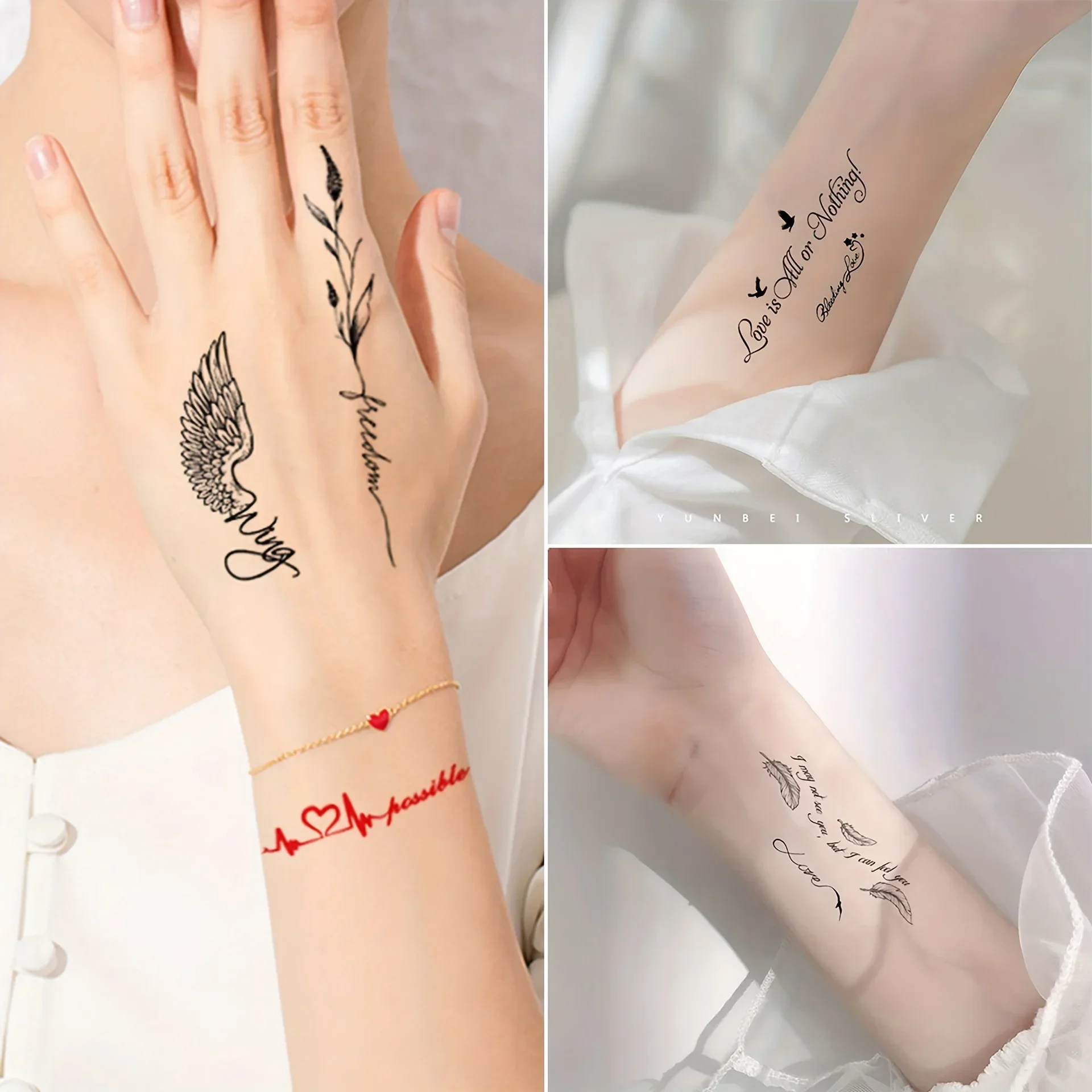 30pcs/set Black Tattoo Waterproof for Women Girl Words Heart Quote Feather Pattern Temporary Tattoo Adhesive Wrist Hand Arm Neck