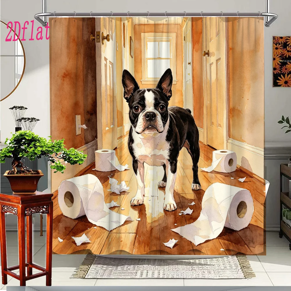 Cute Dog Bathroom Shower Curtain Funny Puppy Portrait Dog House Bathroom Decor Shower Curtain Waterproof
