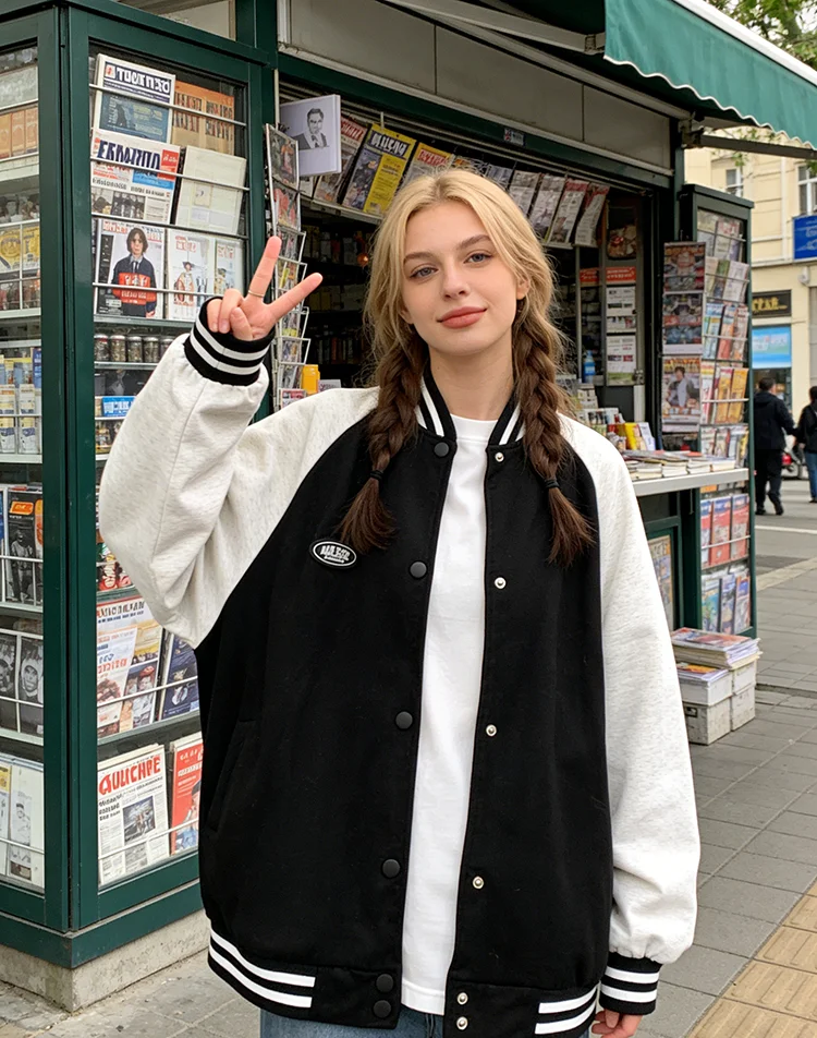 

Бейсбольные куртки для женщин, шикарные лоскутные куртки для девочек, ретро, винтажные, простые, свободные, повседневные, однобортные, большого размера, в корейском стиле, Femme