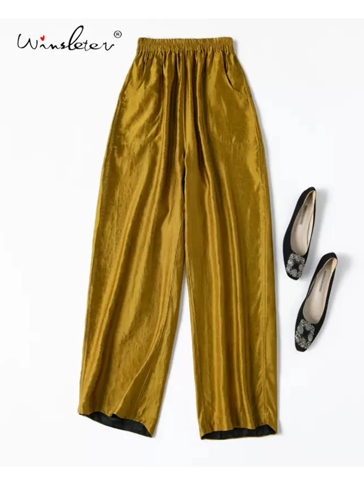 

Winsleter, 100%Real Silk Watered Gauze Wide Legs Pants, Women Elastic Waist Craquelure, Retro Casual Pants, Summer Fall B48277QC