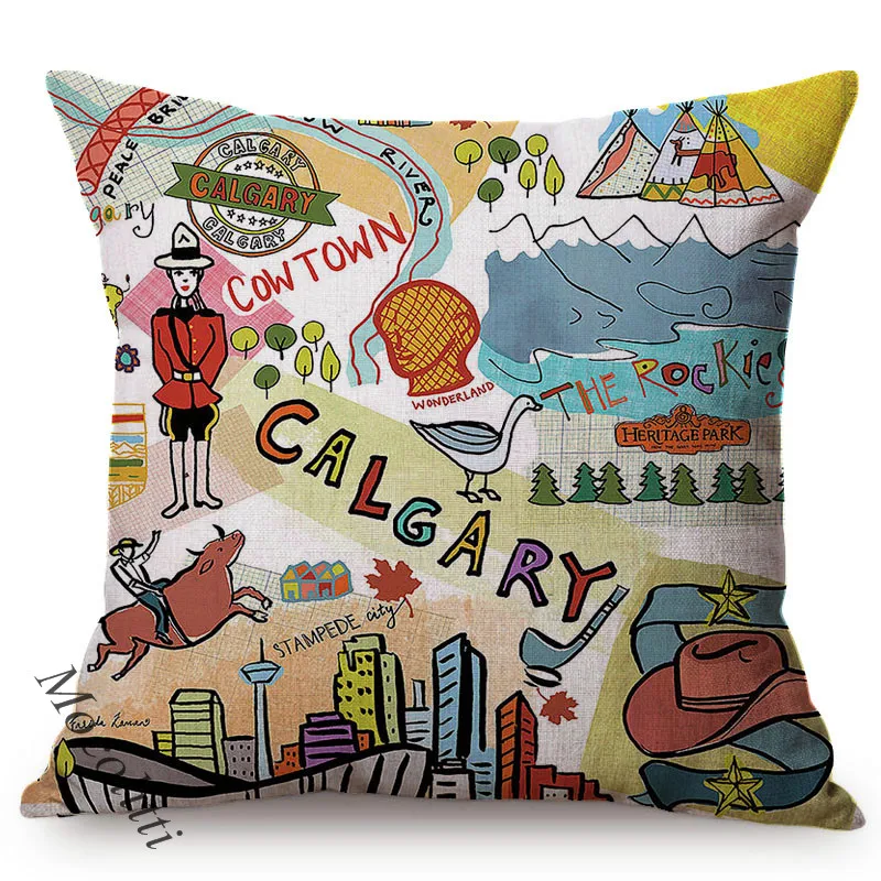 Colorful Painting Travel Map World Famous Building Landscape Decoration Kid's Room Sofa Throw Pillow Case Cushion Cover cojines