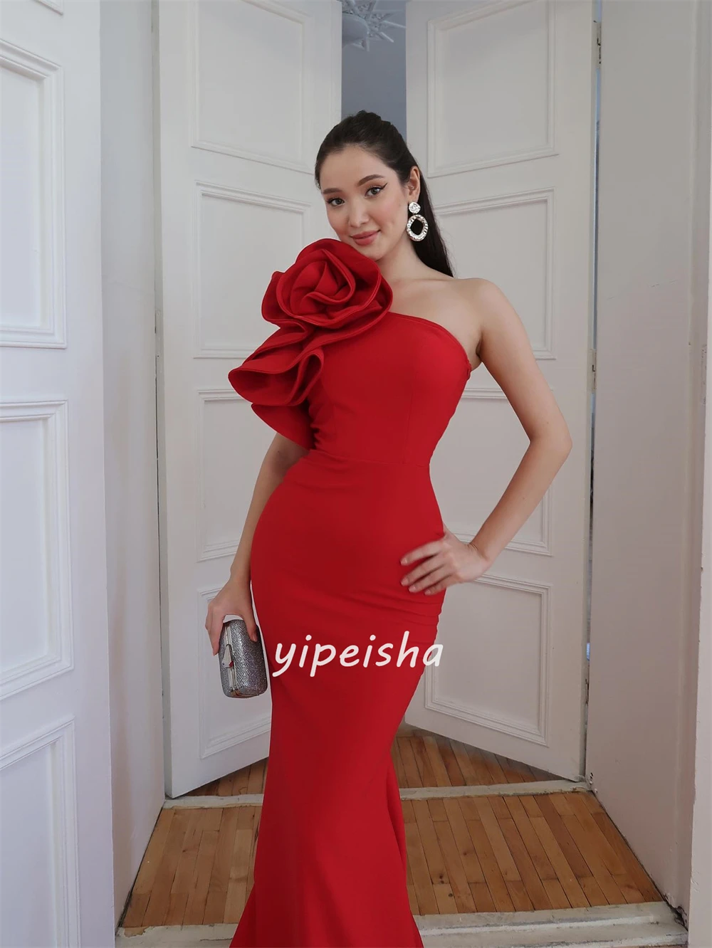 맞춤형 모던 스타일 패션 저지 수제 꽃 장식 맞춤형 스트레이트 원숄더 롱 드레스 이브닝 드레스 세트