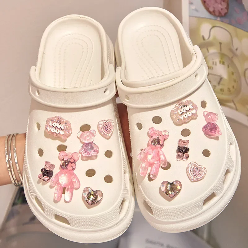 12pcs/set Glitter Love Bear Novelty Cute Hole Shoes Charms PVC Shoe Decorations Sneakers Slippers Accessories Kid Girl Gift New