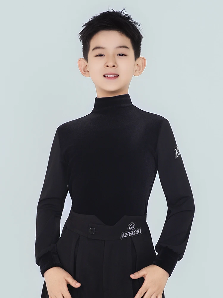 ملابس علوية للرقص اللاتيني لعام 2025 للأولاد برقبة عالية وأكمام طويلة فستان سامبا تشاتشا تانجو ملابس أداء لاتينية للأطفال DQS21167