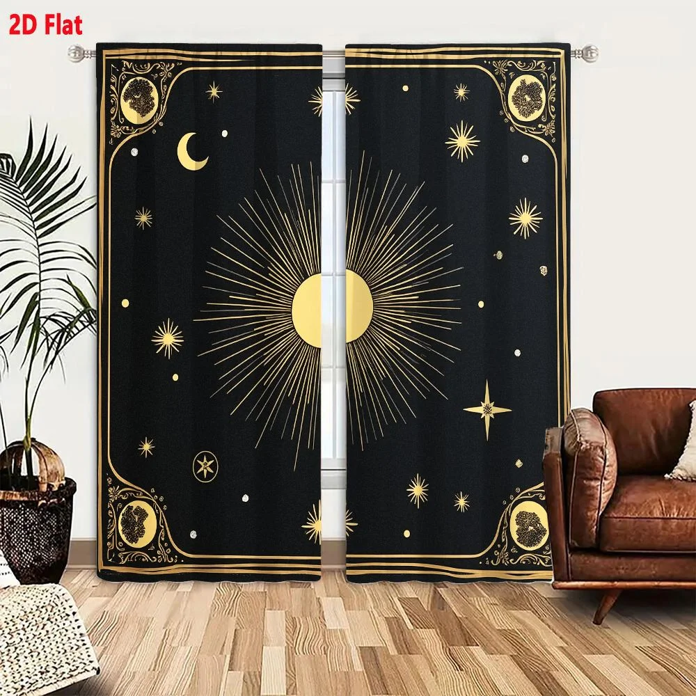 2Pcs Curtains 2D Flat Celestial Gold Sun Moon Starburst Ornate Border Square Illustration Window Drapes for Bedroom Room Decor D