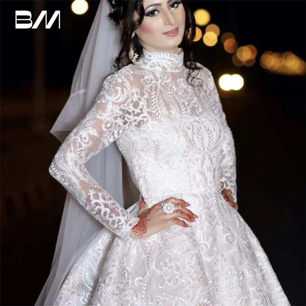 

High Neck Illusion Lace Wedding Dress Long Sleeves Luxury White Wedding Gown Vestidos De Novia Bridal Dresses