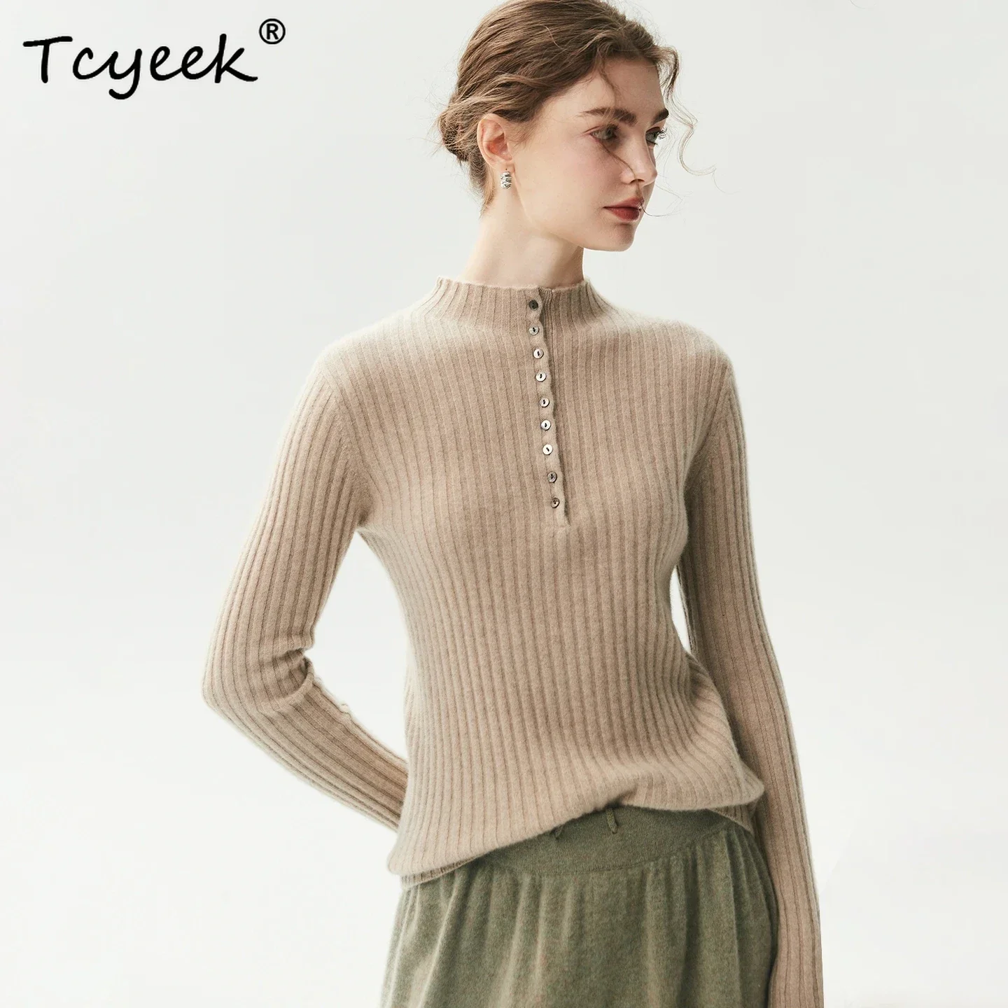 Autumn Winter Sweater Womens Basic Pullover 100% Cashmere Sweater Mock Neck Slim Pullover Knit Pit Strip Half Buckle Inside Join