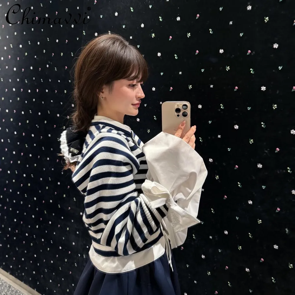 

Японский стиль: Модный вязаный короткий полосатый кардиган для девочек и женщин, вязаная кофта с рукавами, свитер, топ на весну-осень