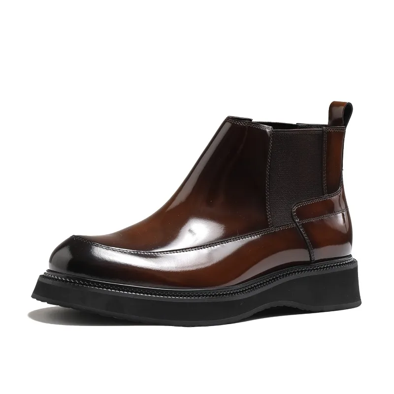 

British Chelsea Platform Boots Fashion Men's Shoes Genuine Leather Round-Toe Mid-Calf Thick Sole Business Work Abkle Boots Male