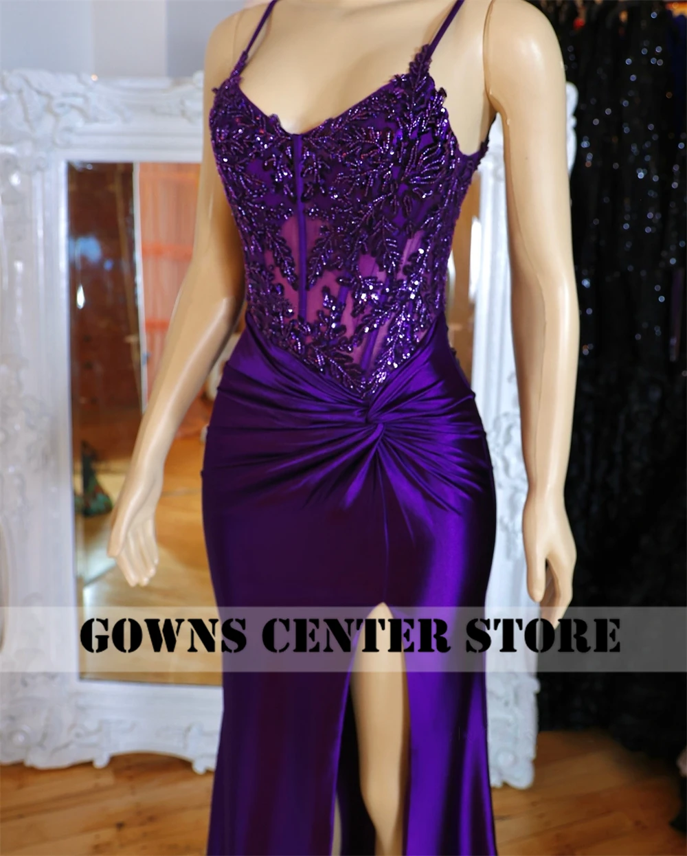 Purple Spaghetti Evening Dress Mermaid Middle East High Split Formal Party Dress African Chic Wedding Guest Customized