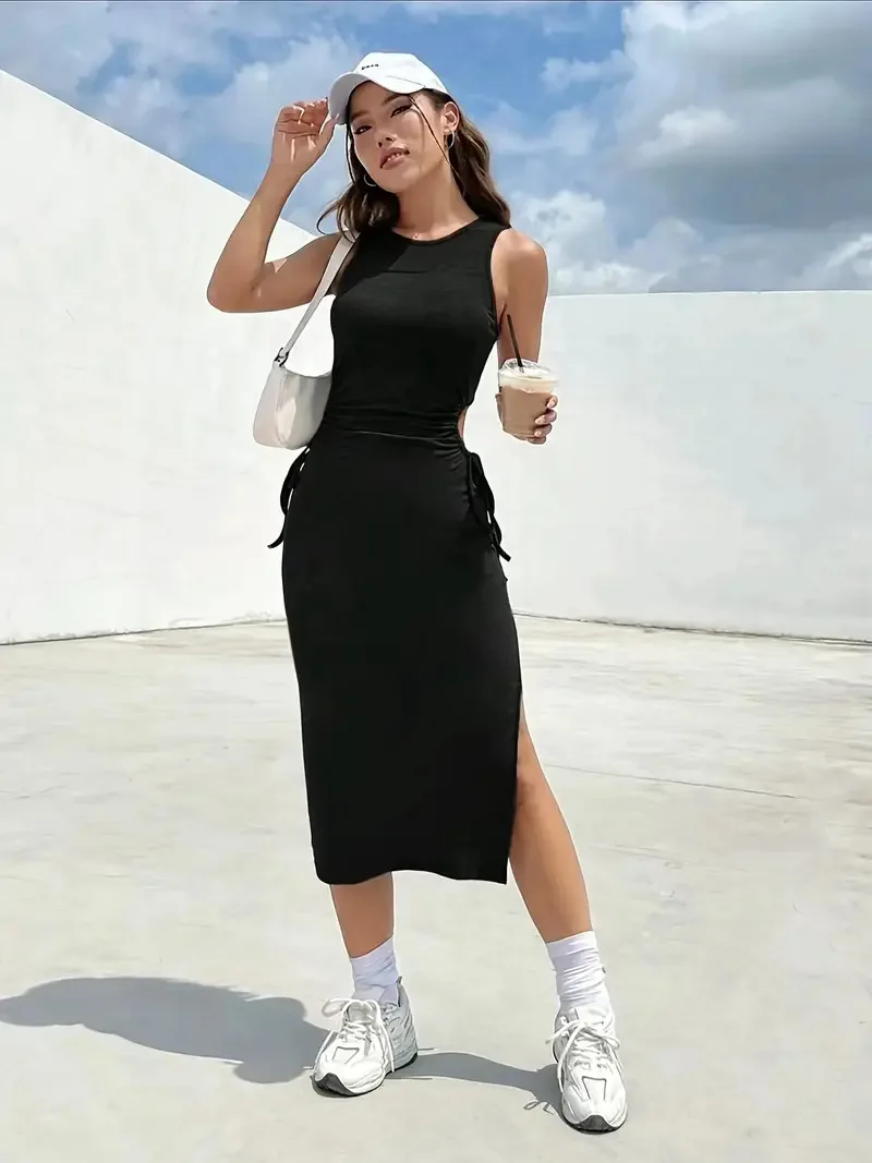 Round Neck Sleeveless Dress Waist Drawstring Slit Dress Fashion Temperament Sexy Bag Buttock Women's Dress