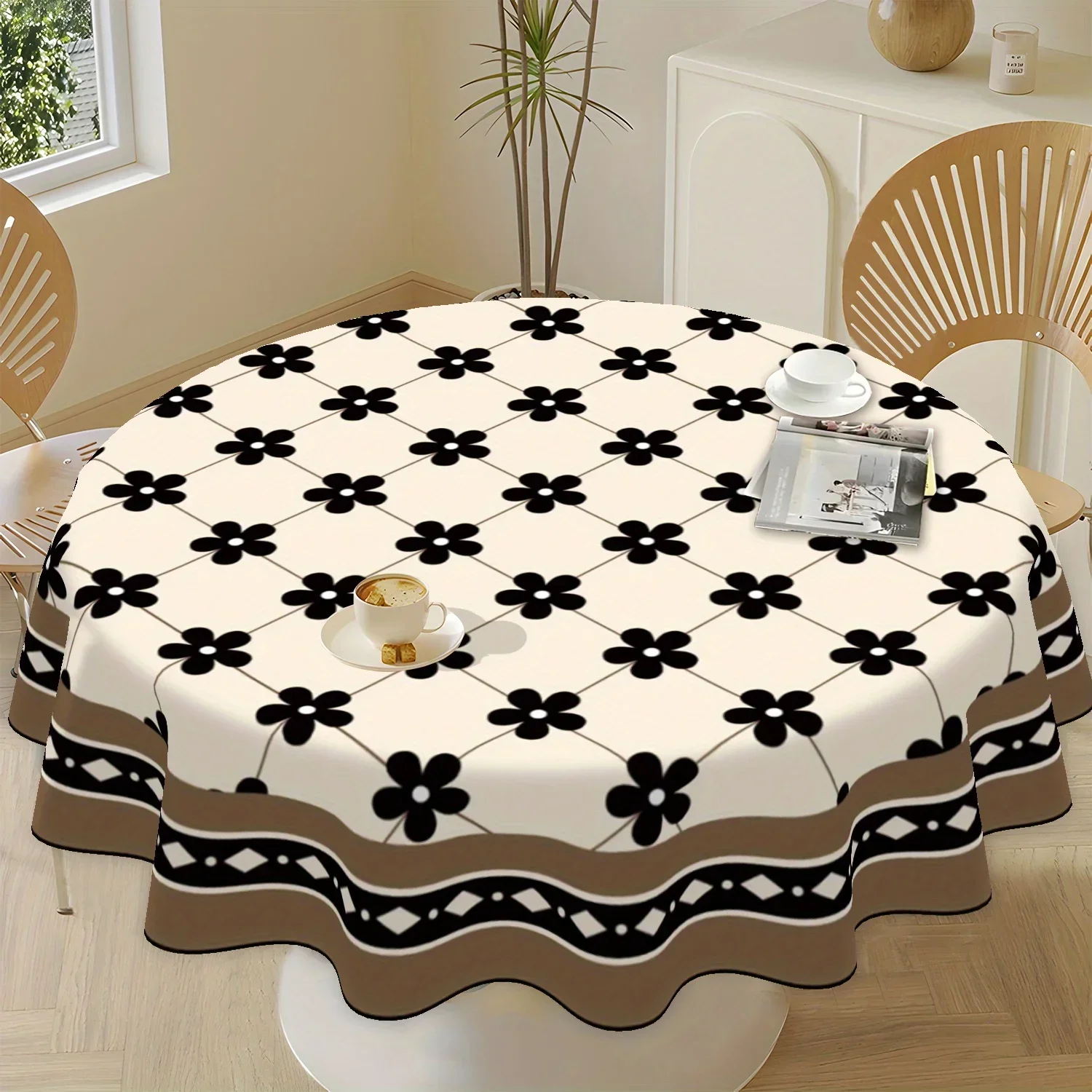 1 piece of dark brown daisy round tablecloth suitable for a 62-inch round table. 100% polyester fiber, machine washable.xzj