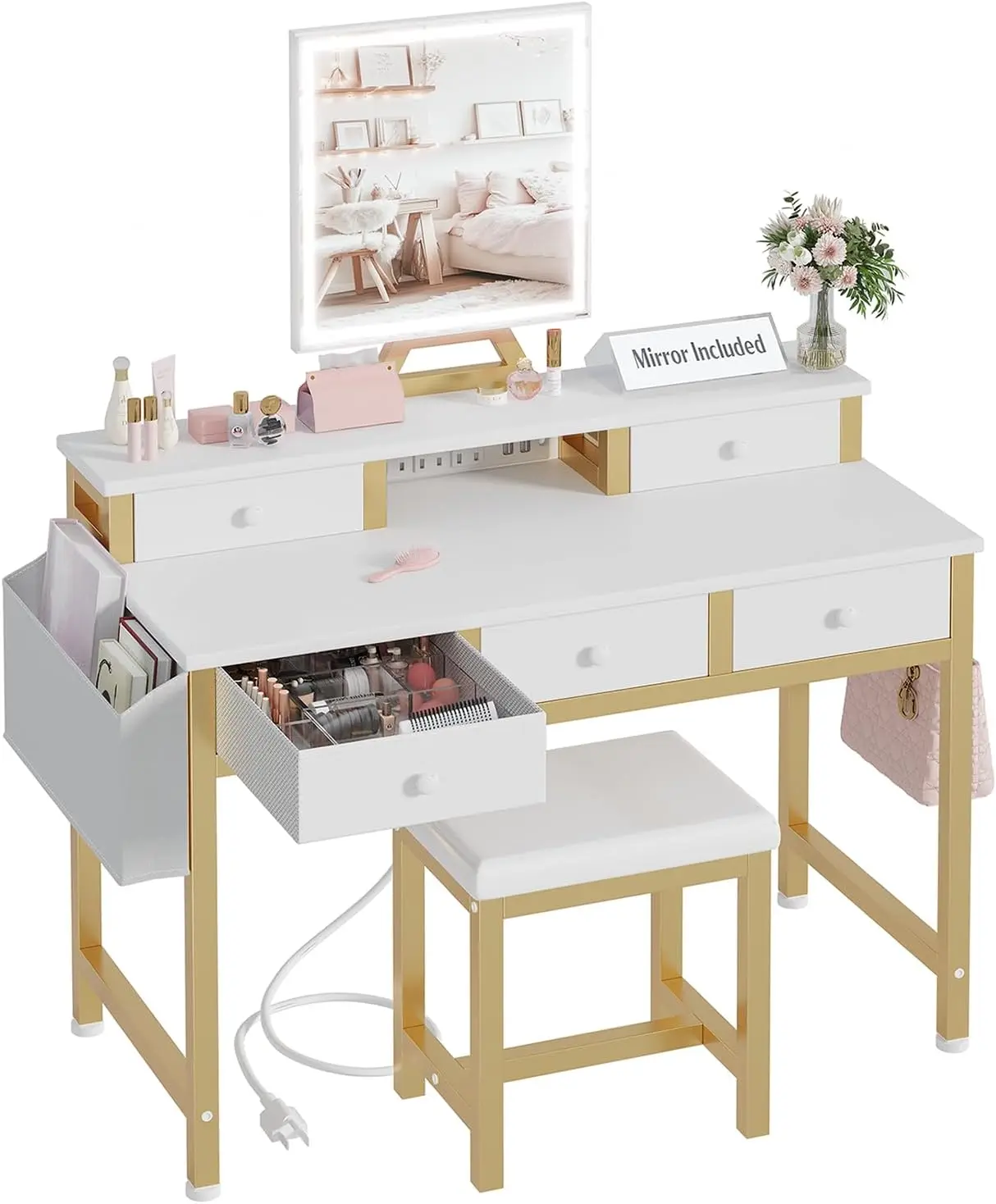 White Makeup Vanity Desk with Lights - 40 inch Girls Vanity Set with Mirror and Chair, Make Up Dresser Table with Drawers and Po