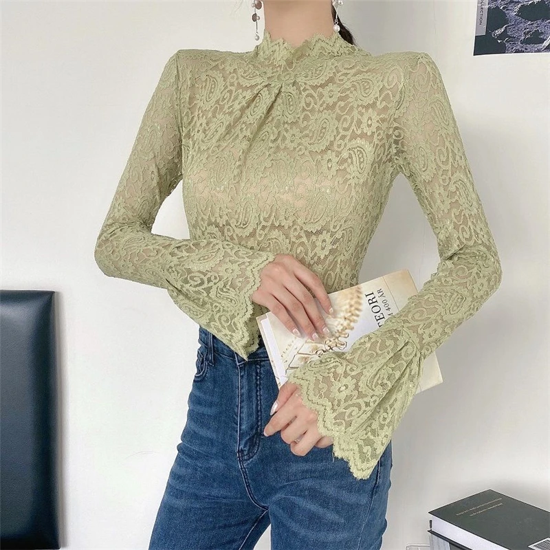 T-shirt elegante Chic di base sottile in pizzo Sexy da donna primavera autunno stile coreano solido manica lunga da ufficio Lady All Match Pullover
