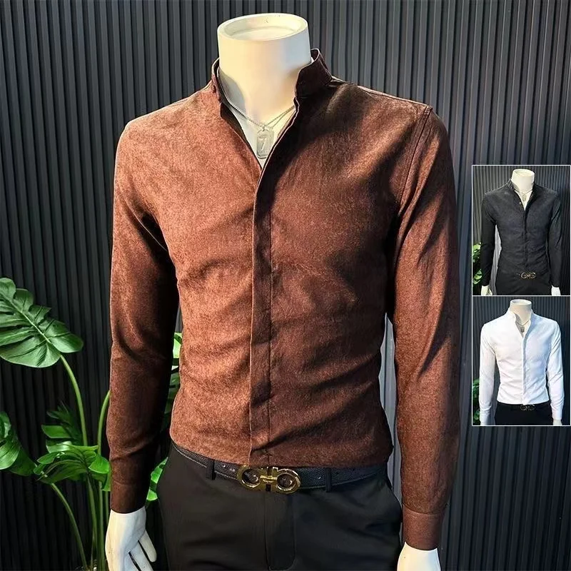 

Новая китайская рубашка-поло с воротником-стойкой для мужчин, роскошная, с потайными пуговицами, для бизнеса и повседневной носки, базовый слой