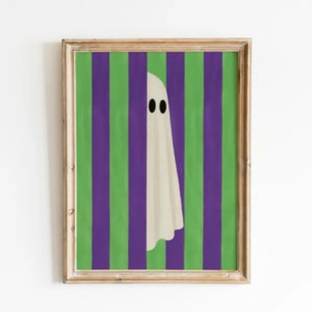 

Цельный безрамный призракный принт, фиолетово-зеленый ретро настенный рисунок на Хэллоуин, летнее украшение, полосатое искусство для печати, цифровая загрузка