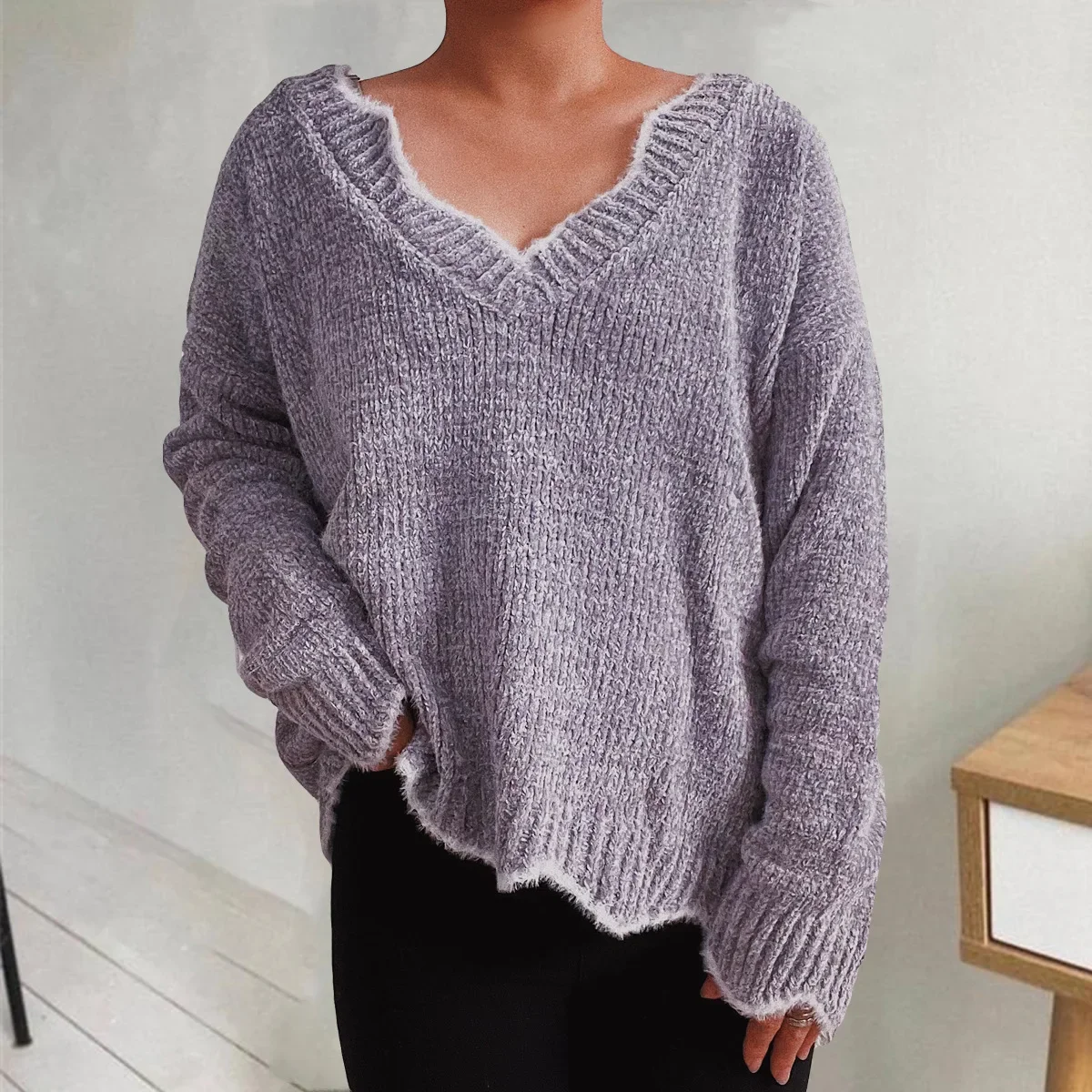 

V-neck Sweater Women Knitted Fur Autumn Simple Pullover Gray Knit Elastic Jumper Casual Thick Loose Warm Y2k Jacquard Jumpers