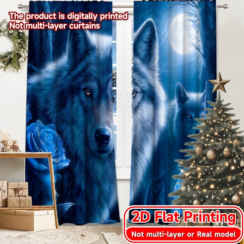 2D FLAT PRINTING 2pcs Curtains (Without Rod) Mystical Wolves and Blue Roses New yearFestival Popular Curtains&Drapes Prints