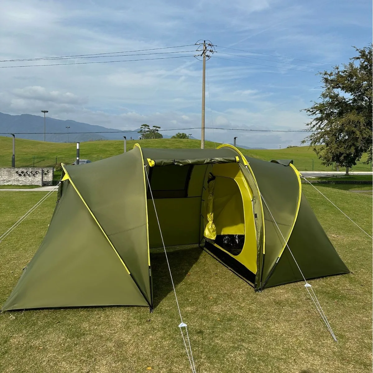 Outdoor camping trip family simple tunnel tent two bedrooms one living room waterproof and sun protection