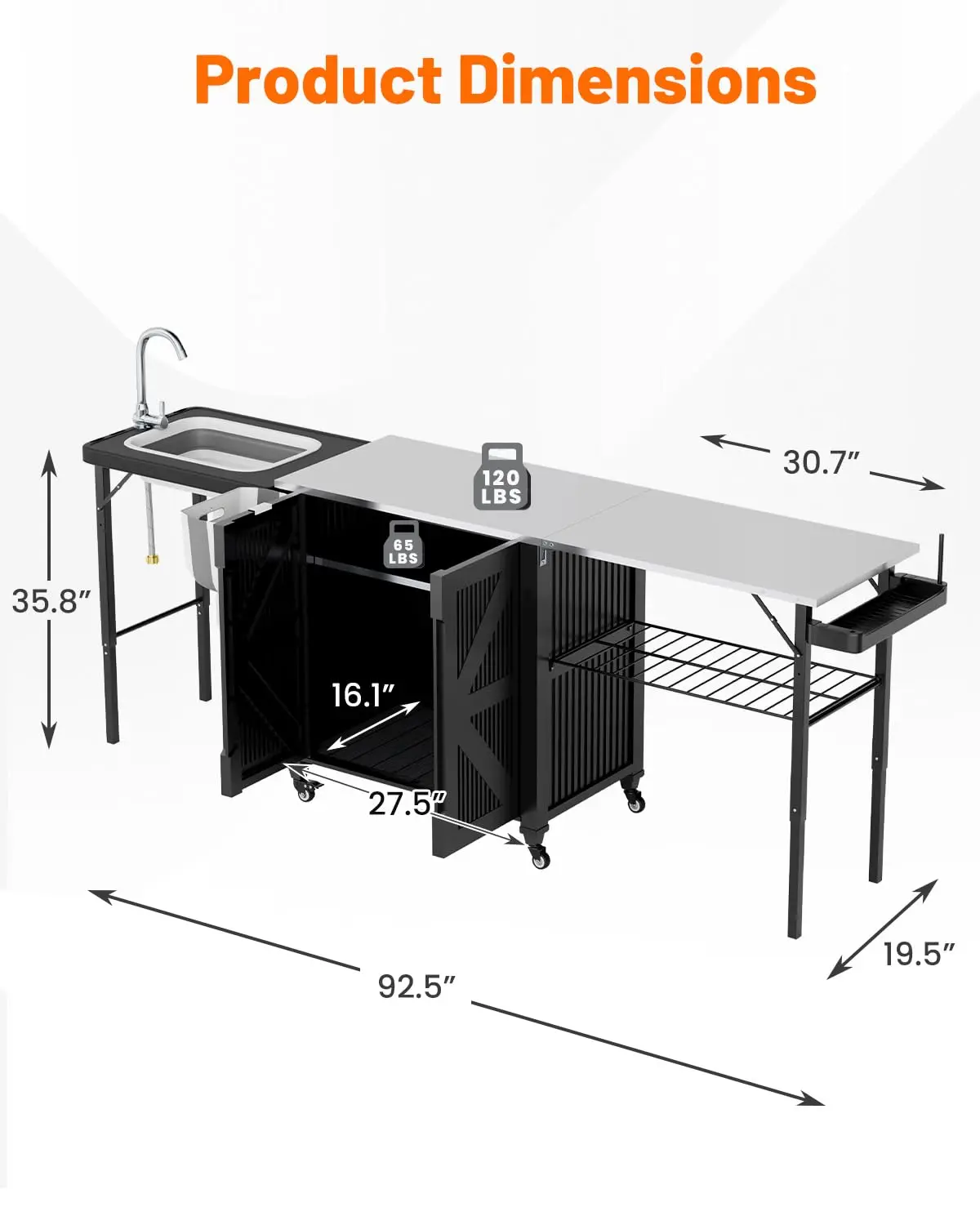 3-in-1 Portable Folding Outdoor Kitchen Island with Cabinet, Stainless Steel Rolling BBQ Grill Table for Patio, Backyard