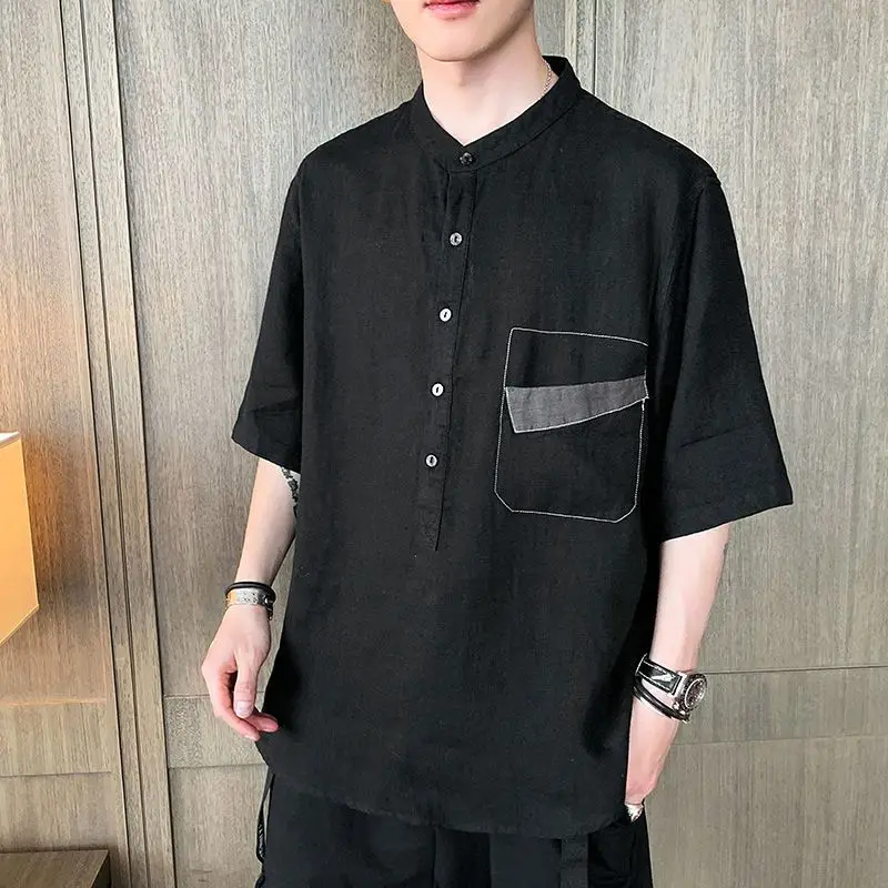 2024 Summer New Trendy and Handsome Short Sleeves Thin Simple and Breathable Japanese Men\'s Pocket Shirt with 5/4 Sleeve Top