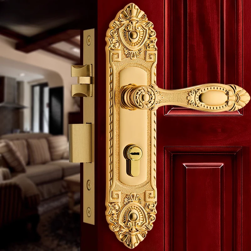 

Luxury Brass Gate Lock Europen Entrance Door Locks Golden Handle Lockset Bedroom Security Locksets Multi Color for Option