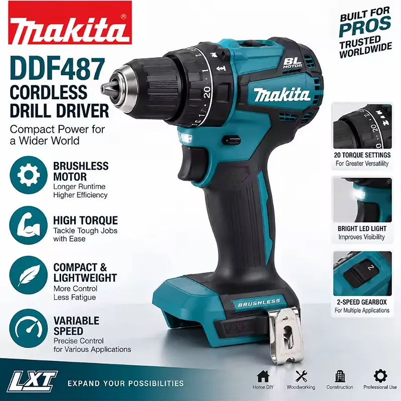 Trapano a batteria Makita 18V LXT, modello DHP487, con motore brushless, 13 mm, coppia elevata + set di utensili elettrici professionali con batteria da 6,0 Ah, modello BL1860B BL1840.