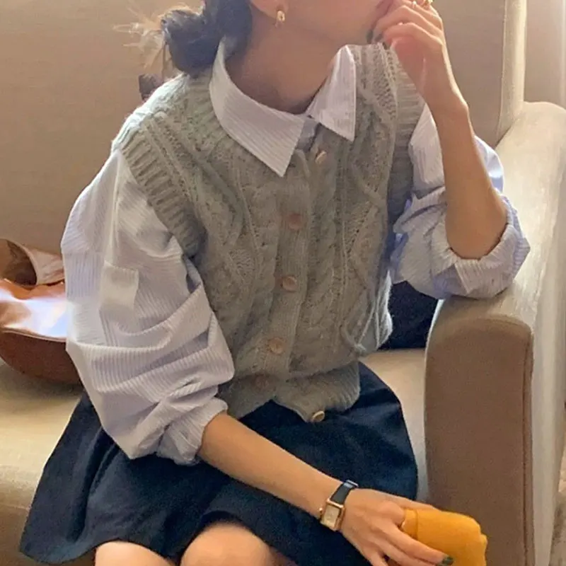 

Chic Striped Bubble Sve irt And Knitted Vest Two-Piece Set Faionable Versatile Turn-down Collar Loose Fit Long Sve