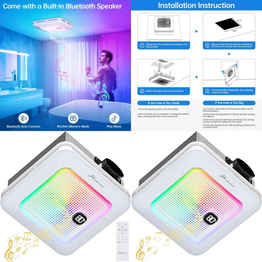 

Bluetooth Speaker Bathroom Exhaust Fan with Light, 3 Modes, 7 Colors, 3 Temperatures, Nightlight, Remote, Easy Install (White)