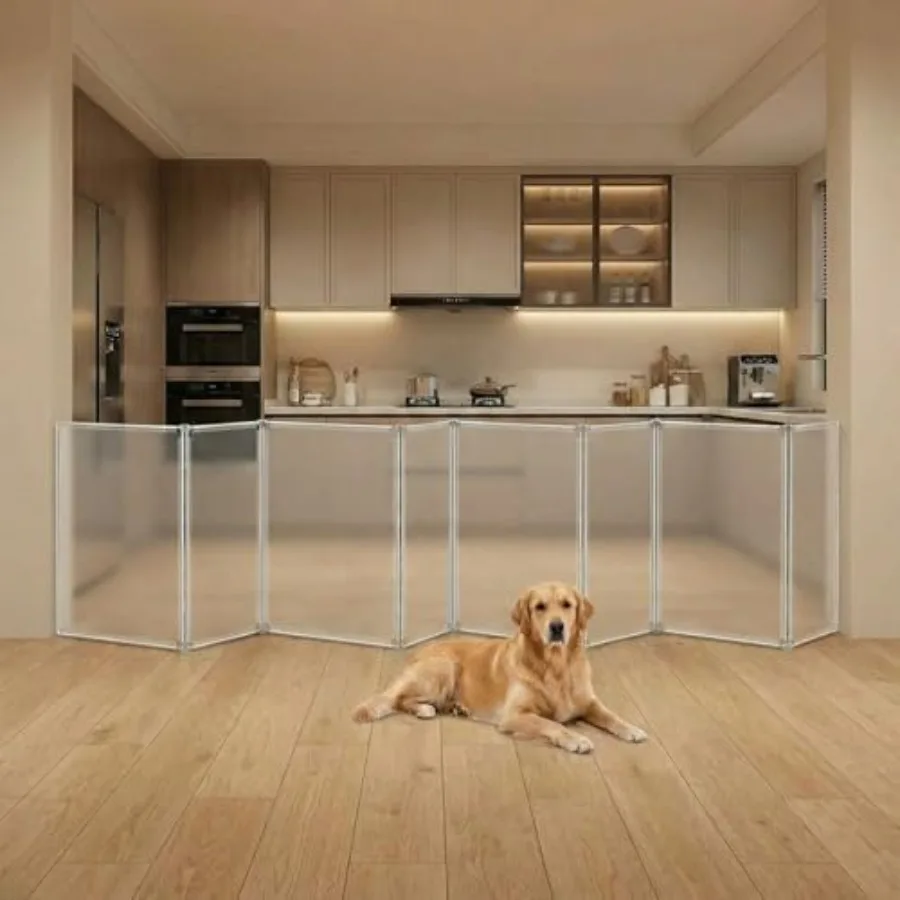 

Clear Plastic Dog Playpen Gate 8 Panel 165" W x 28" H Transparent Freestanding Pet Playpen Indoor Foldable Adhesive Pet Fence B