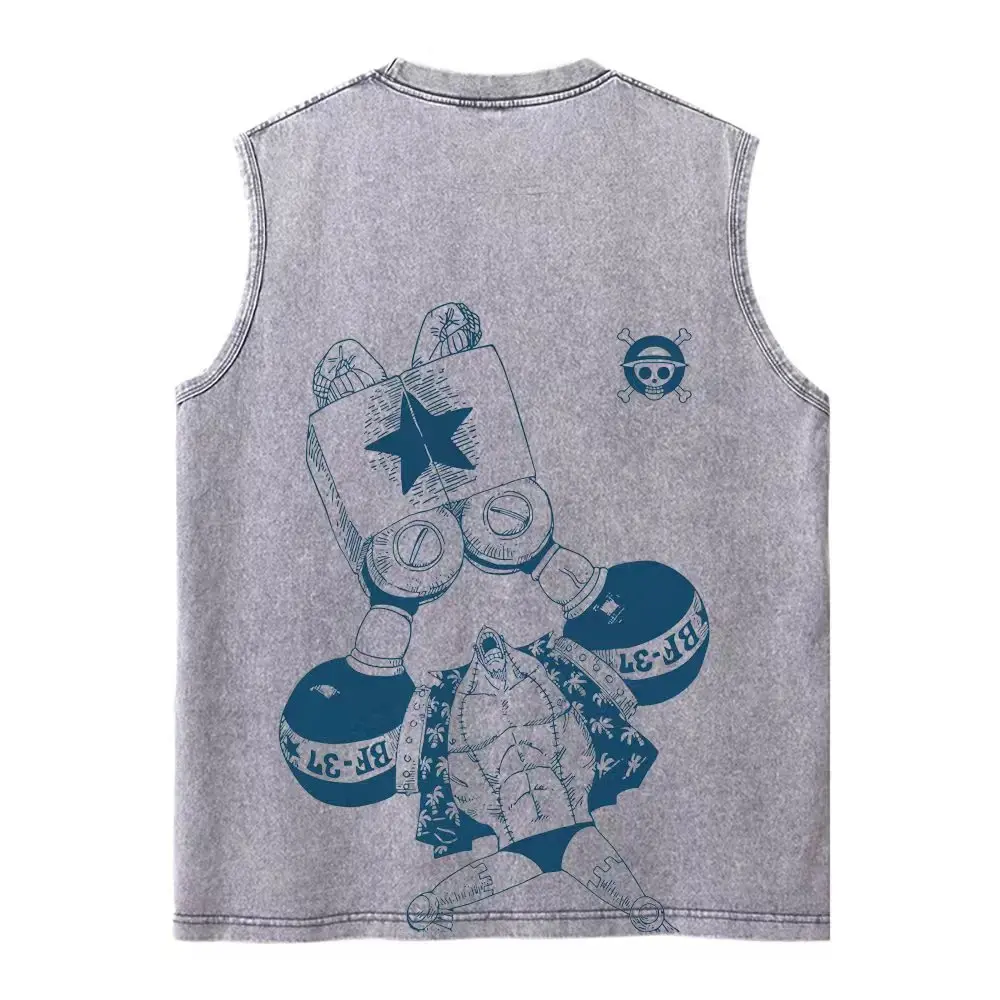 Harajuku Retro Sleeveless T-Shirts Streetwear Vintage Washed Anime One Piece Graphic Print Men Vest Tops Tees Retro Oversize