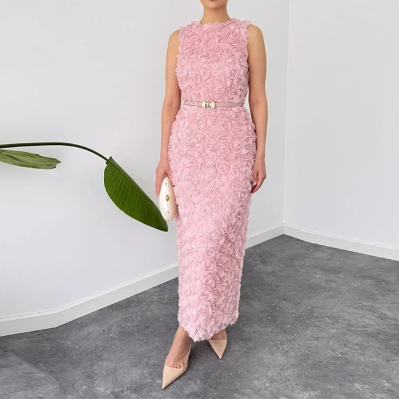 

2026 Women's Crew Neck Sleeveless Ruffle Edge Temperament Elegant Dress