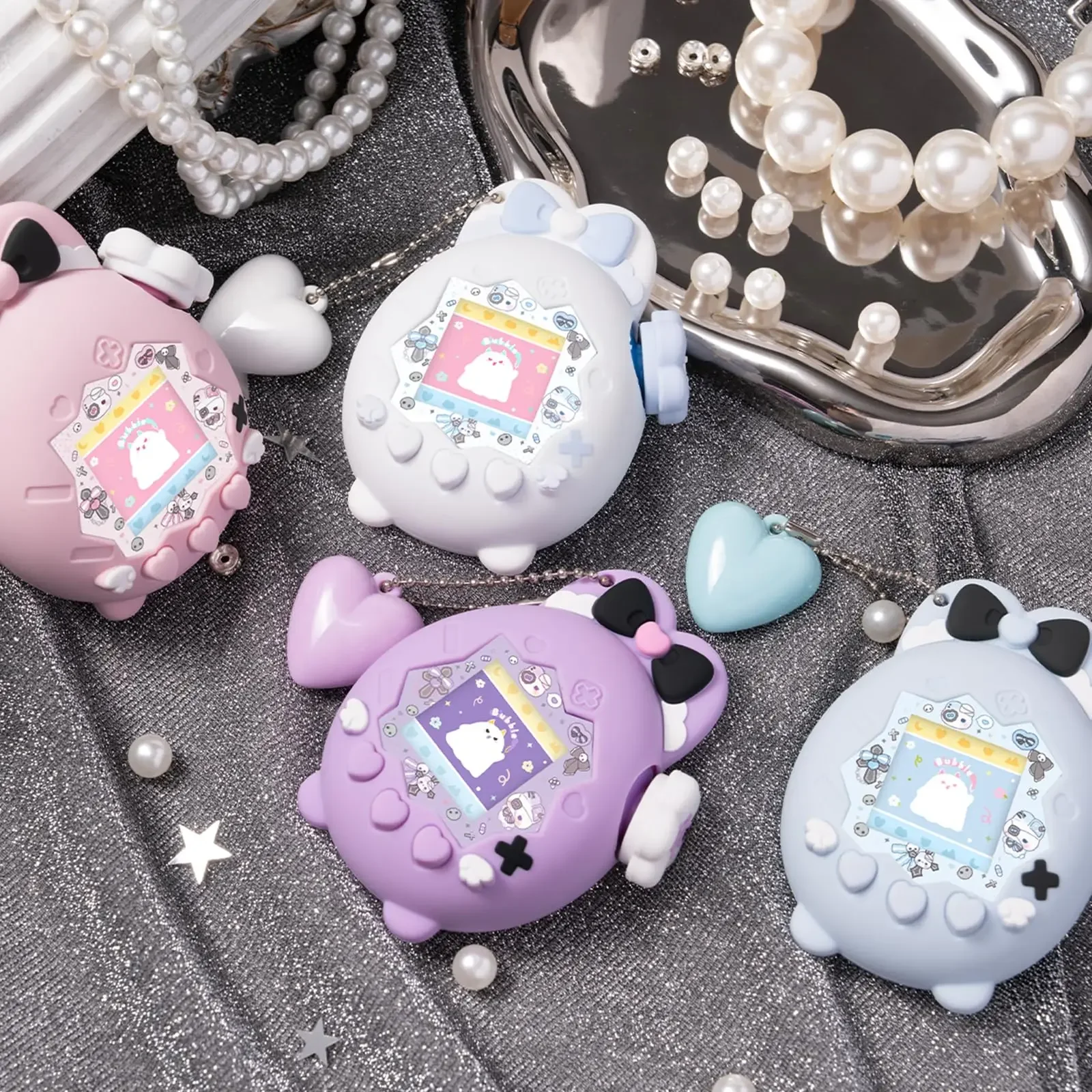 4-in-1 Set Silicone Case for Tamagotchi Paradise – Bunny Theme Cover with Holographic Faceplate, Flower Dial Cap & Heart Charm