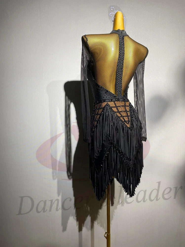 라틴 댄스 AB 스톤 여성 성인 어린이 고급 맞춤형 블랙 메쉬 스플라이싱 블랙 풀 삼바 공연 드레스