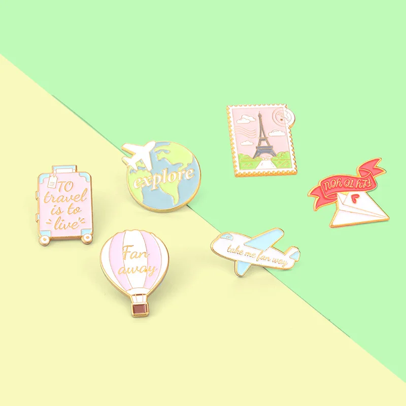 Cartoon plane Earth hot air balloon Enamel Pin Brooch Cartoon Women Men Denim Jackets Lapel Pins Backpack Badges Kids Fashion Je