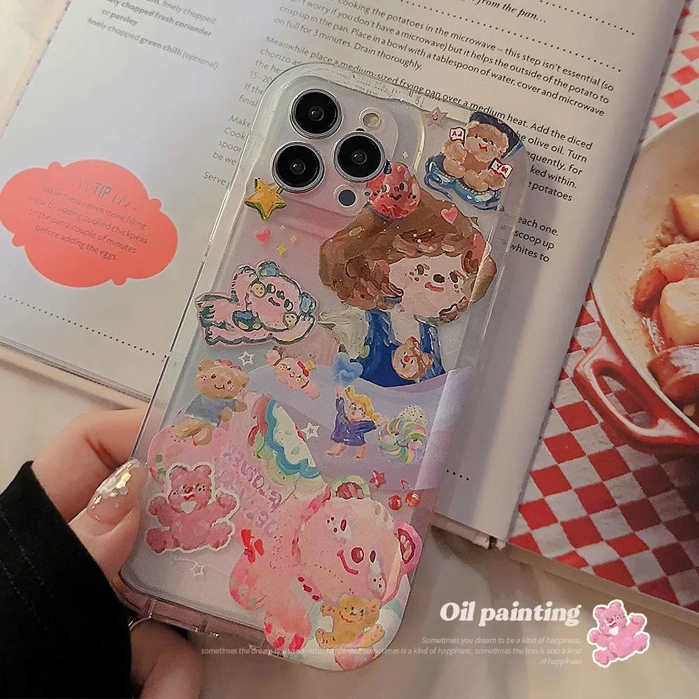 Oil Painting Little Girl and Bear Party Phone Case for IPhone16 15 14 13 12 11 Pro Mini XS Max 8 7 Plus X XR Shockproof Cover