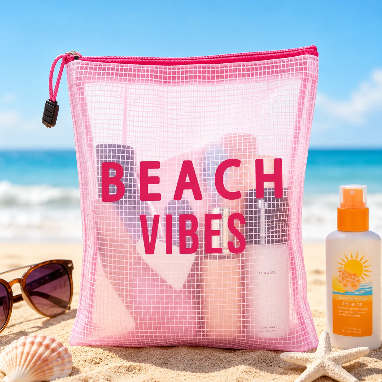 Beach Vibes Pink Mesh Zipper Pouch, Large Clear Toiletry Makeup Organizer for Women Travel Pool Holiday Essentials